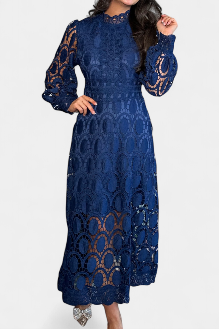 Jovie Vestido Midi de Encaje con Bordado y Cuello Alto