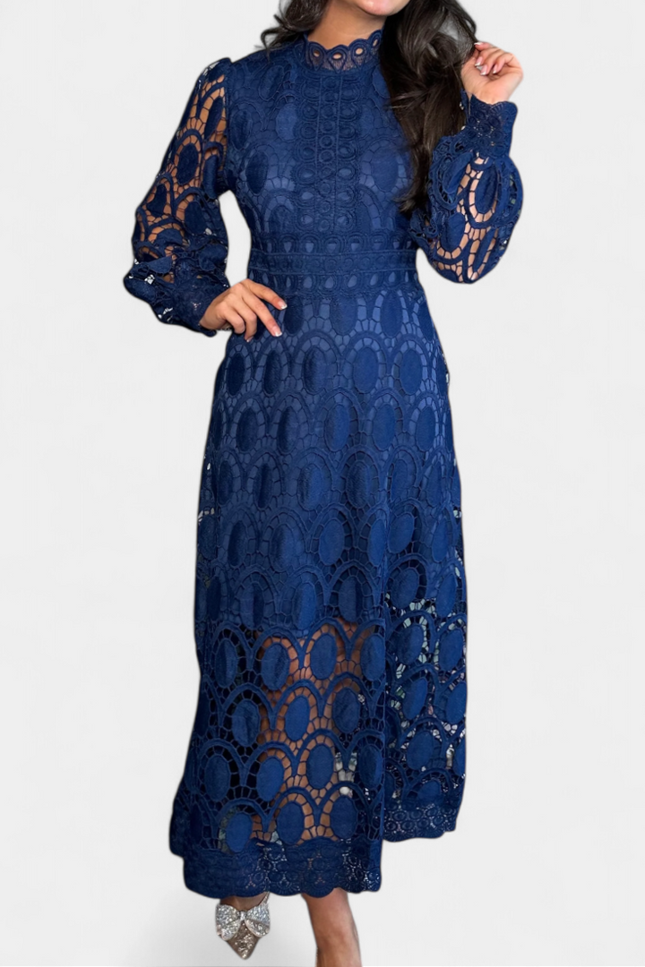 Jovie Vestido Midi de Encaje con Bordado y Cuello Alto