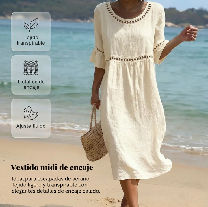 Carmela™ | Vestido Midi de Lino con Cuello Redondo y Mangas Acampanadas
