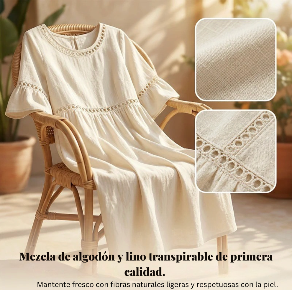 Carmela™ | Vestido Midi de Lino con Cuello Redondo y Mangas Acampanadas