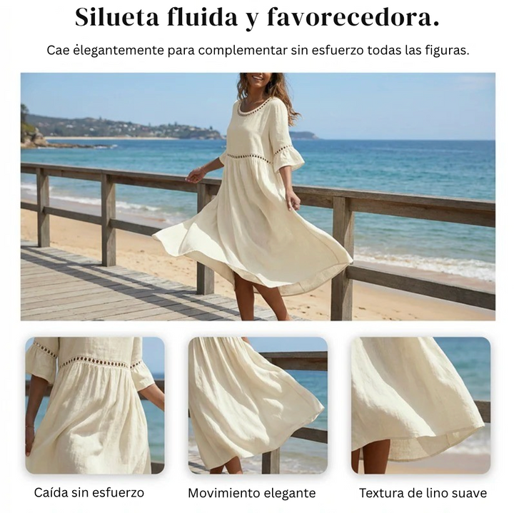 Carmela™ | Vestido Midi de Lino con Cuello Redondo y Mangas Acampanadas