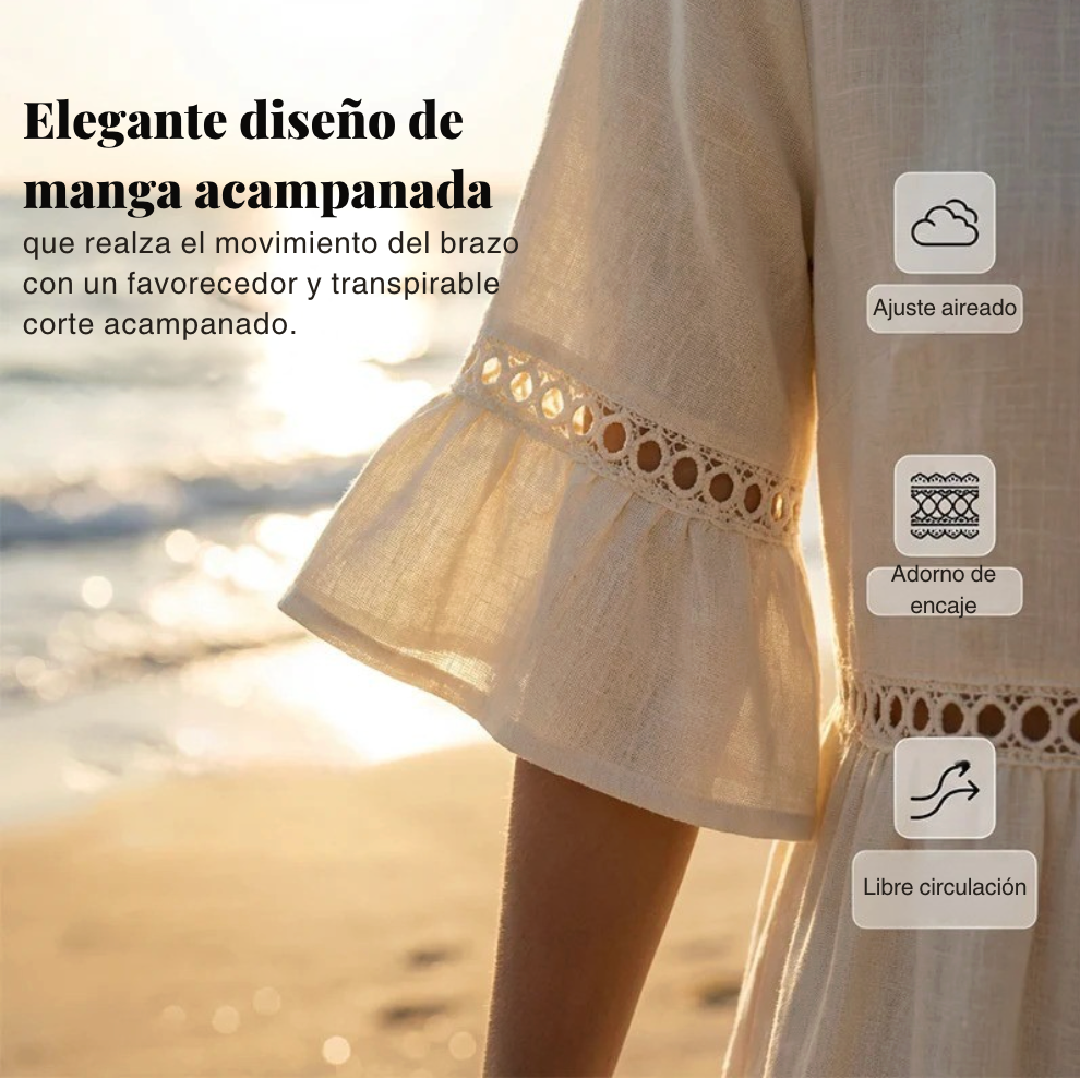 Carmela™ | Vestido Midi de Lino con Cuello Redondo y Mangas Acampanadas