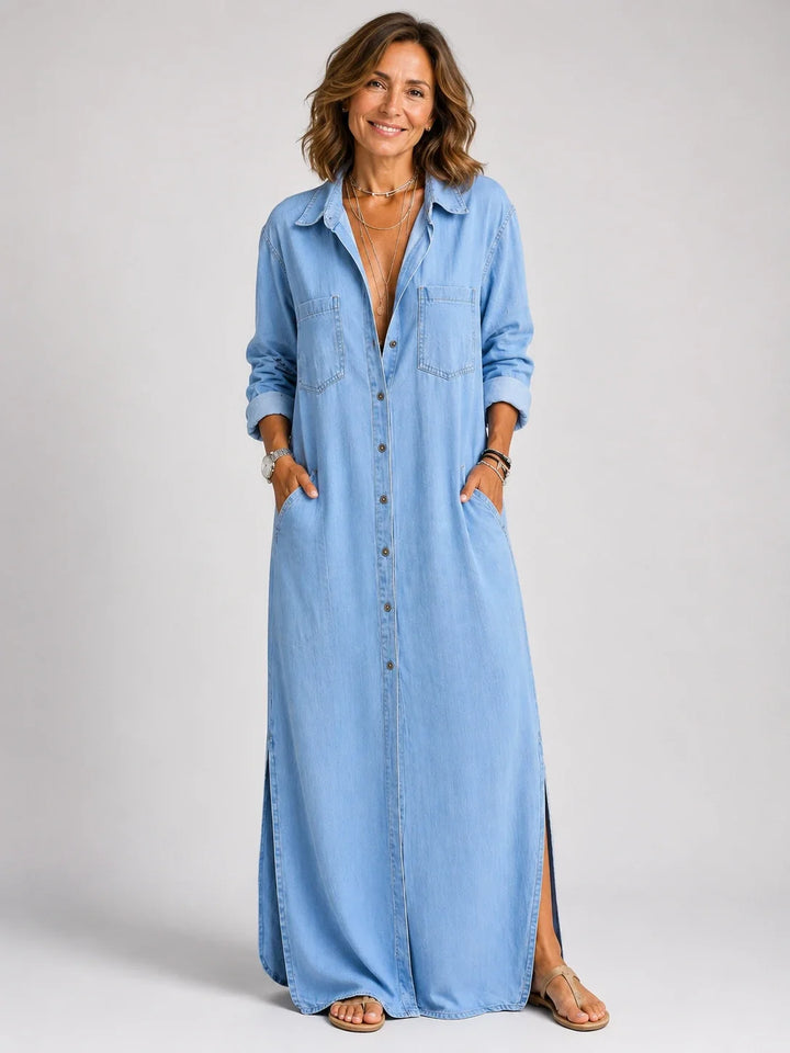 Valeriana™ | Maxi Chemise Dress with Button Detail and Slit