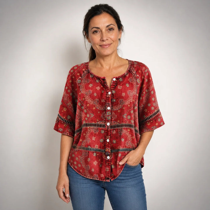 Guadalupe™ | Camisa Vintage de Manga Tres Cuartos con Estampado Étnico