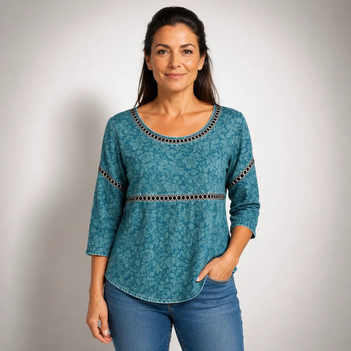 Yolanda™ | Blusa Vintage Turquesa con Detalles Étnicos en la Cintura