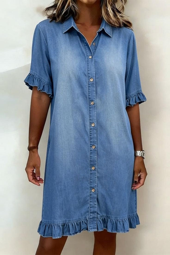 Lucía™ | Vestido de Denim con Volantes y Estilo Camisero