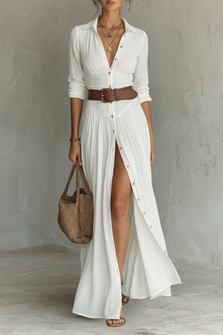 ELENA™ | Vestido Maxi Largo de Lino con Mangas Largas