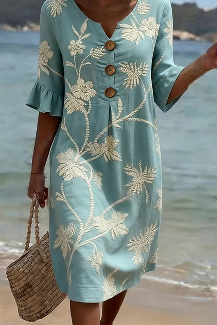 Alba™ | Vestido de Lino con Diseño Floral