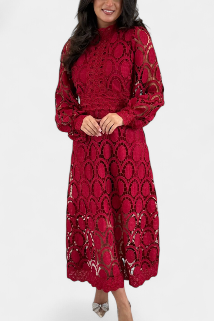 Jovie Vestido Midi de Encaje con Bordado y Cuello Alto