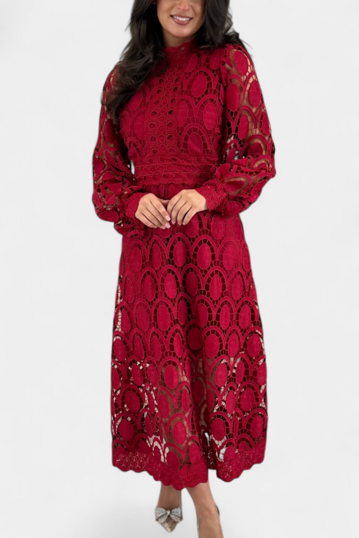 Jovie Vestido Midi de Encaje con Bordado y Cuello Alto