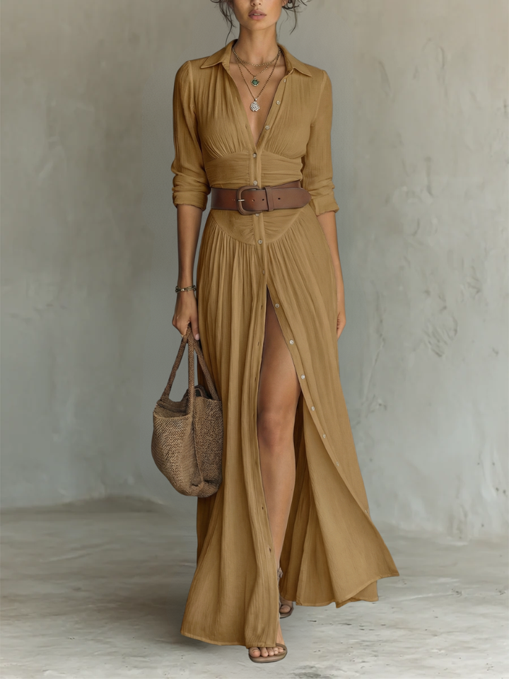 ELENA™ | Vestido Maxi Largo de Lino con Mangas Largas