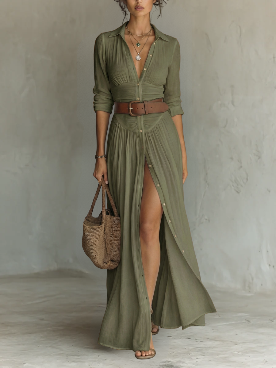 ELENA™ | Vestido Maxi Largo de Lino con Mangas Largas