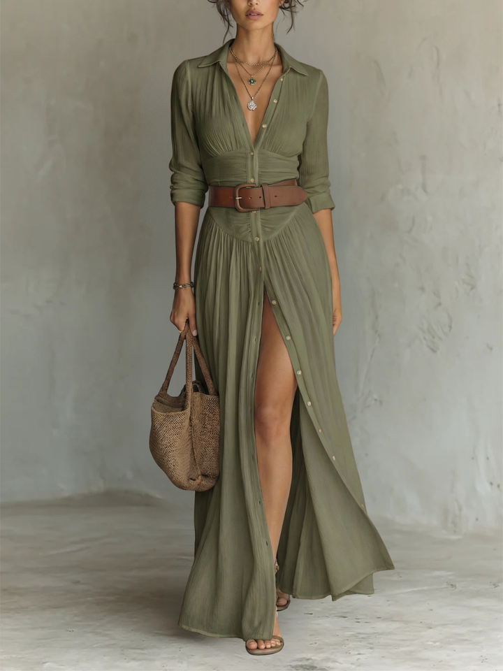 ELENA™ | Vestido Maxi Largo de Lino con Mangas Largas