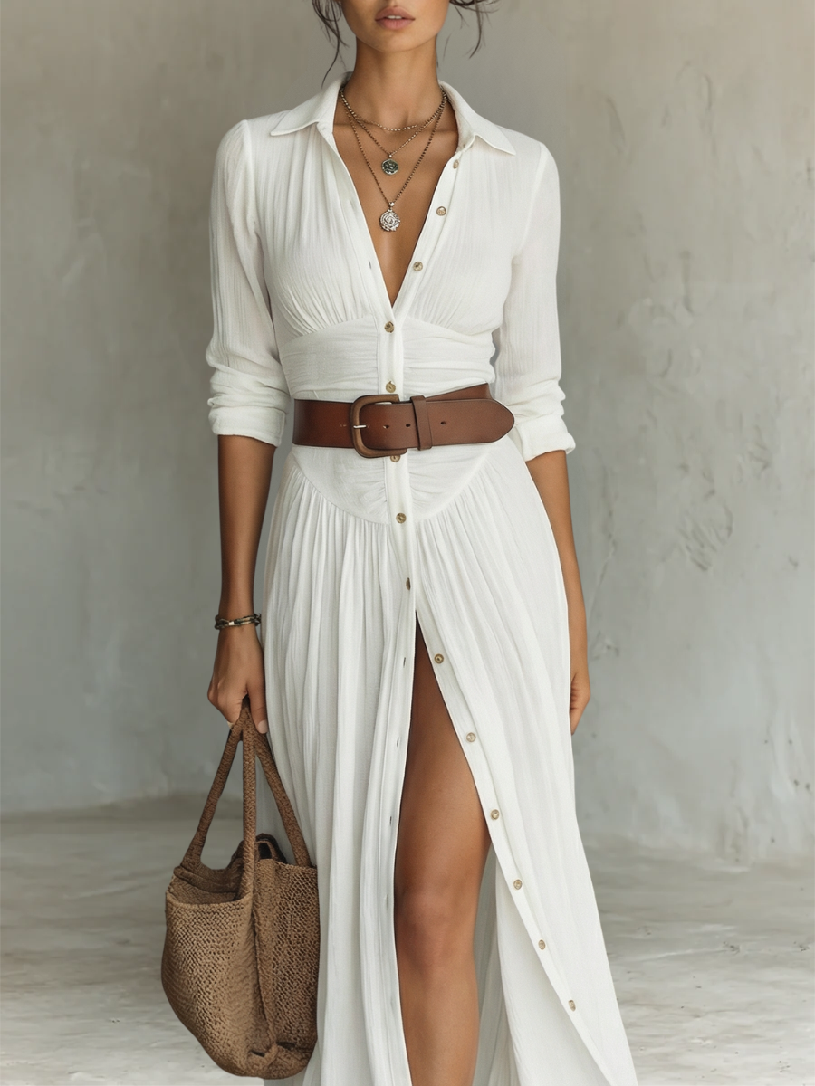 ELENA™ | Vestido Maxi Largo de Lino con Mangas Largas