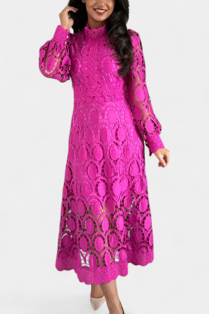 Jovie Vestido Midi de Encaje con Bordado y Cuello Alto