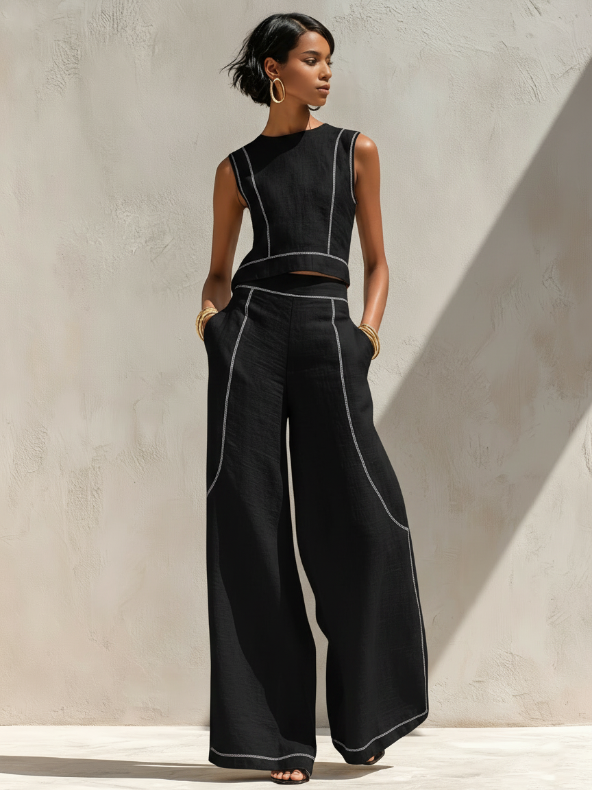 Conjunto Elegante de Pantalón con Detalles de Costuras en Contraste