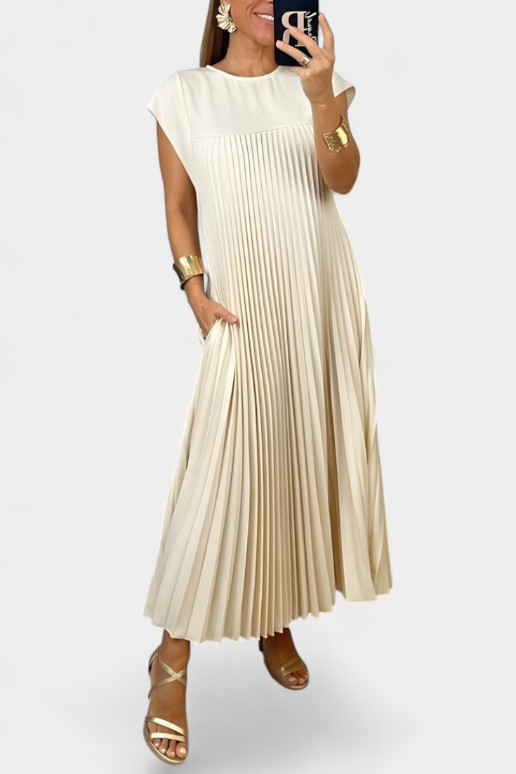 Vestido Sin Mangas Manuela con Pliegues y Cintura Alta