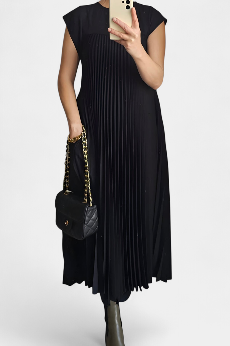 Vestido Sin Mangas Manuela con Pliegues y Cintura Alta