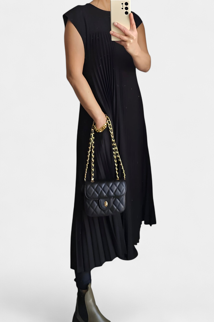 Vestido Sin Mangas Manuela con Pliegues y Cintura Alta