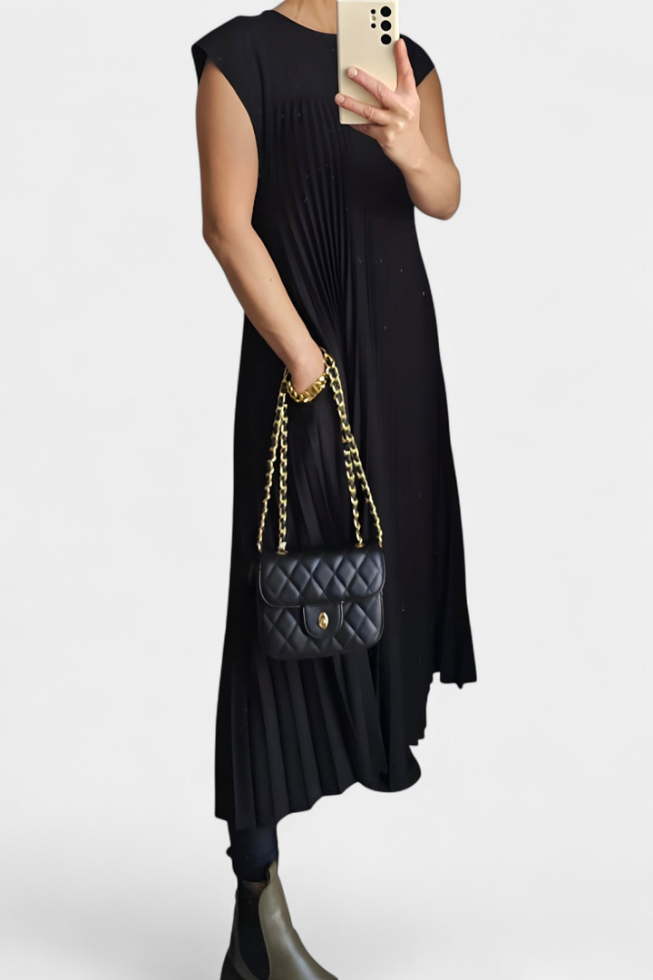 Vestido Sin Mangas Manuela con Pliegues y Cintura Alta