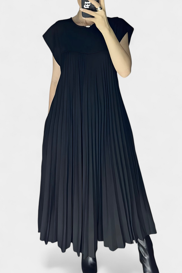 Vestido Sin Mangas Manuela con Pliegues y Cintura Alta