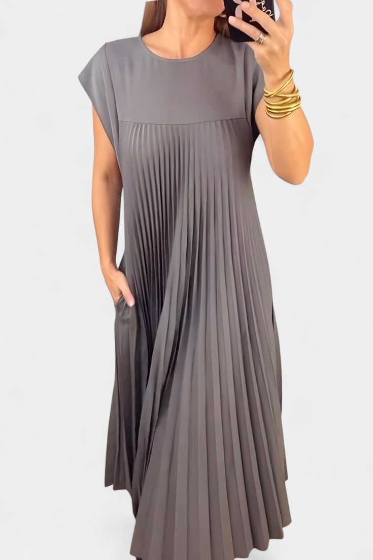 Vestido Sin Mangas Manuela con Pliegues y Cintura Alta