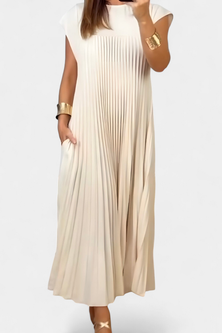 Vestido Sin Mangas Manuela con Pliegues y Cintura Alta