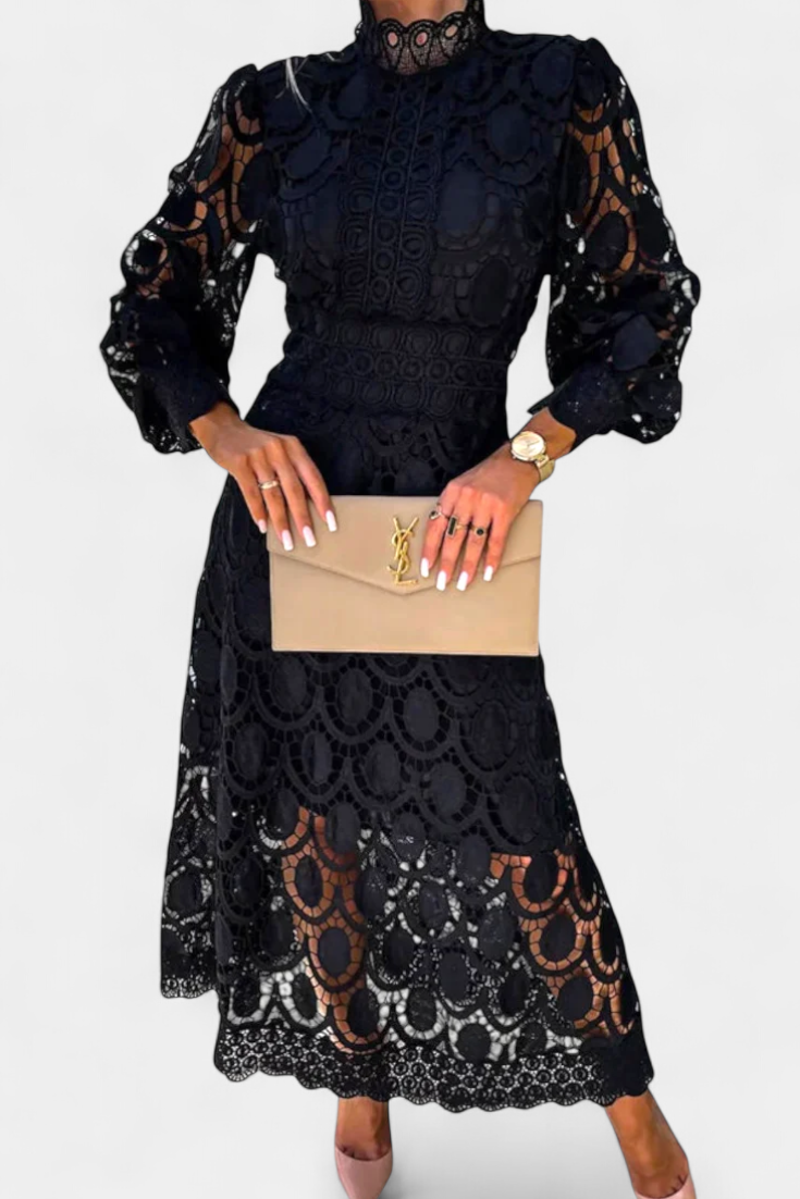 Jovie Vestido Midi de Encaje con Bordado y Cuello Alto
