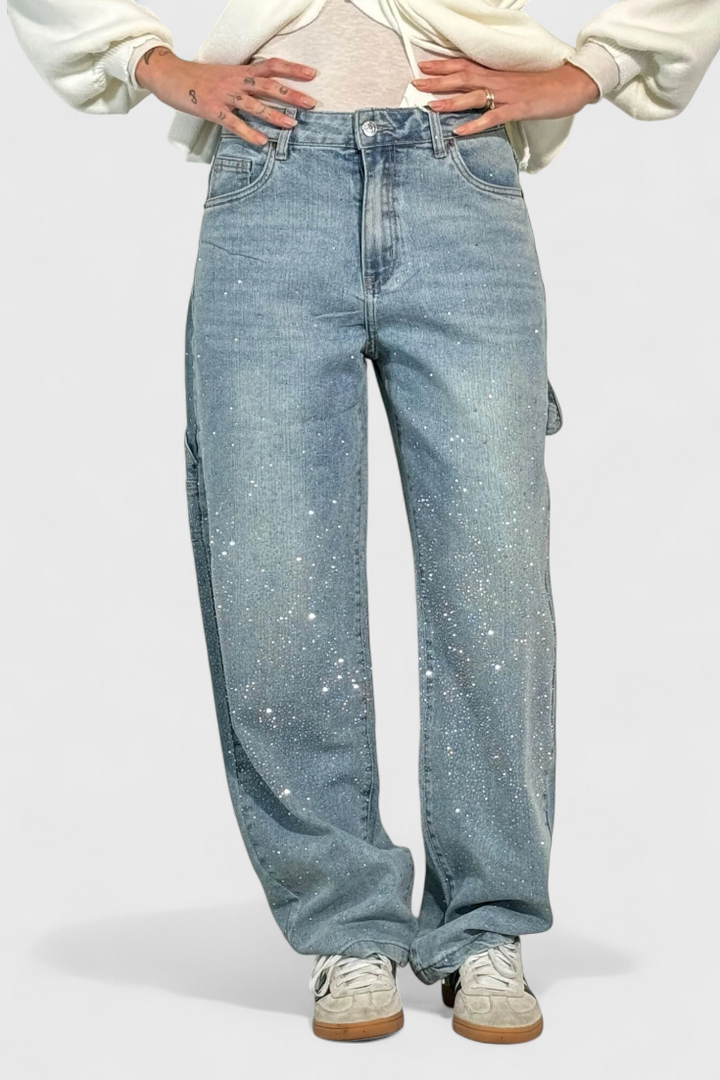 Dariya Cargo Balloon Jeans with Shine and Rhinestone Embellishments