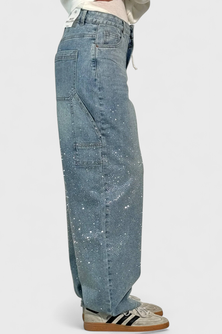 Dariya Cargo Balloon Jeans with Shine and Rhinestone Embellishments