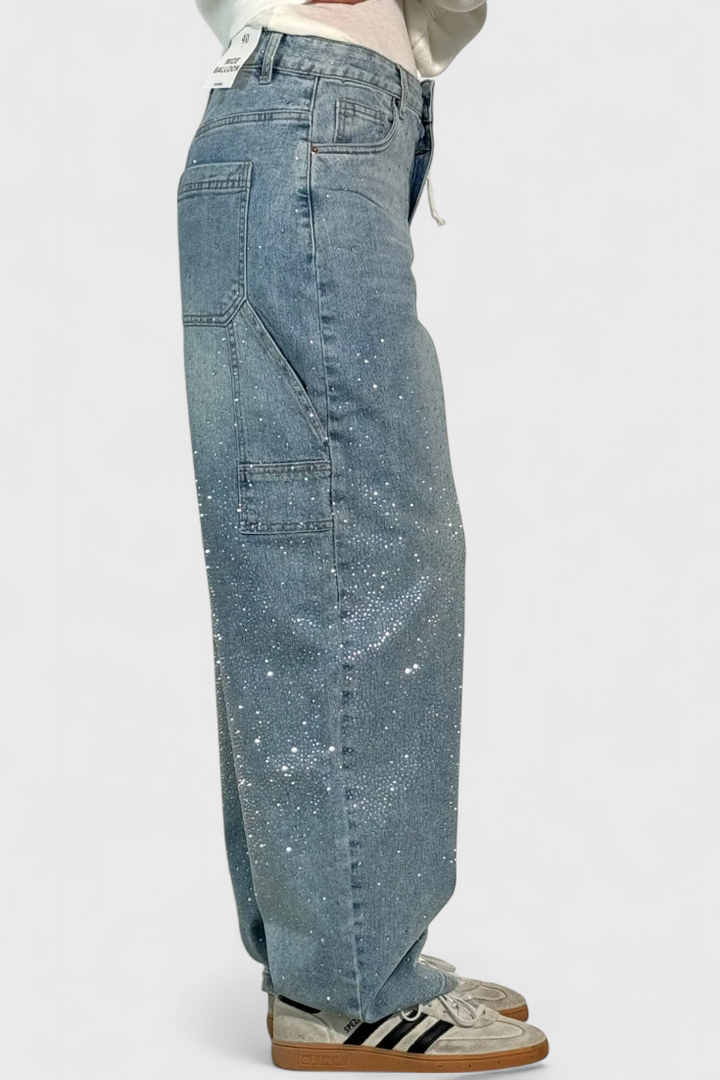 Dariya Cargo Balloon Jeans with Shine and Rhinestone Embellishments