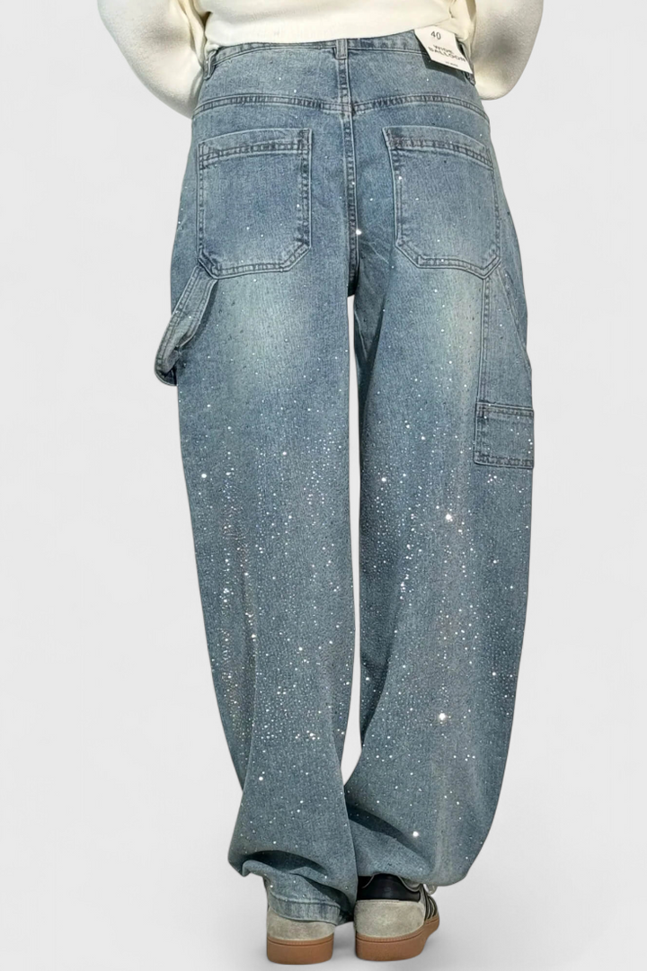 Dariya Cargo Balloon Jeans with Shine and Rhinestone Embellishments