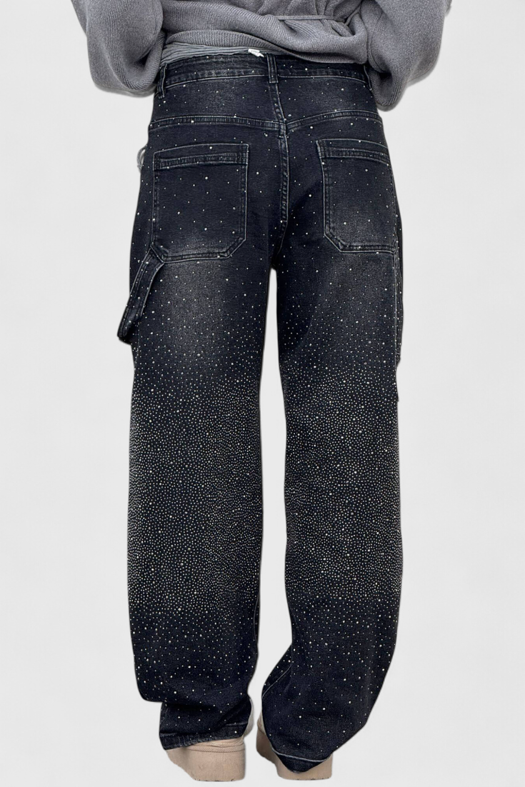 Dariya Cargo Balloon Jeans with Shine and Rhinestone Embellishments