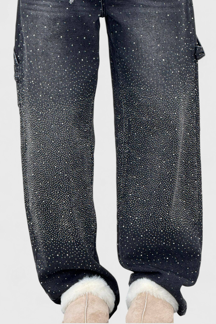 Dariya Cargo Balloon Jeans with Shine and Rhinestone Embellishments