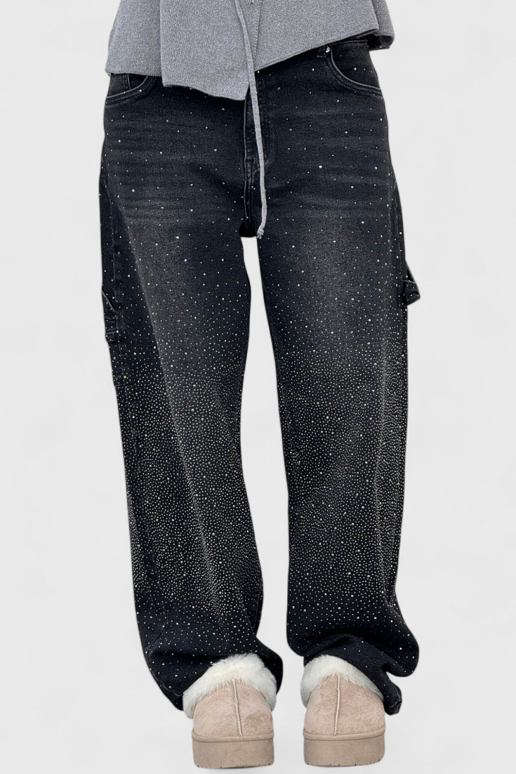 Dariya Cargo Balloon Jeans with Shine and Rhinestone Embellishments