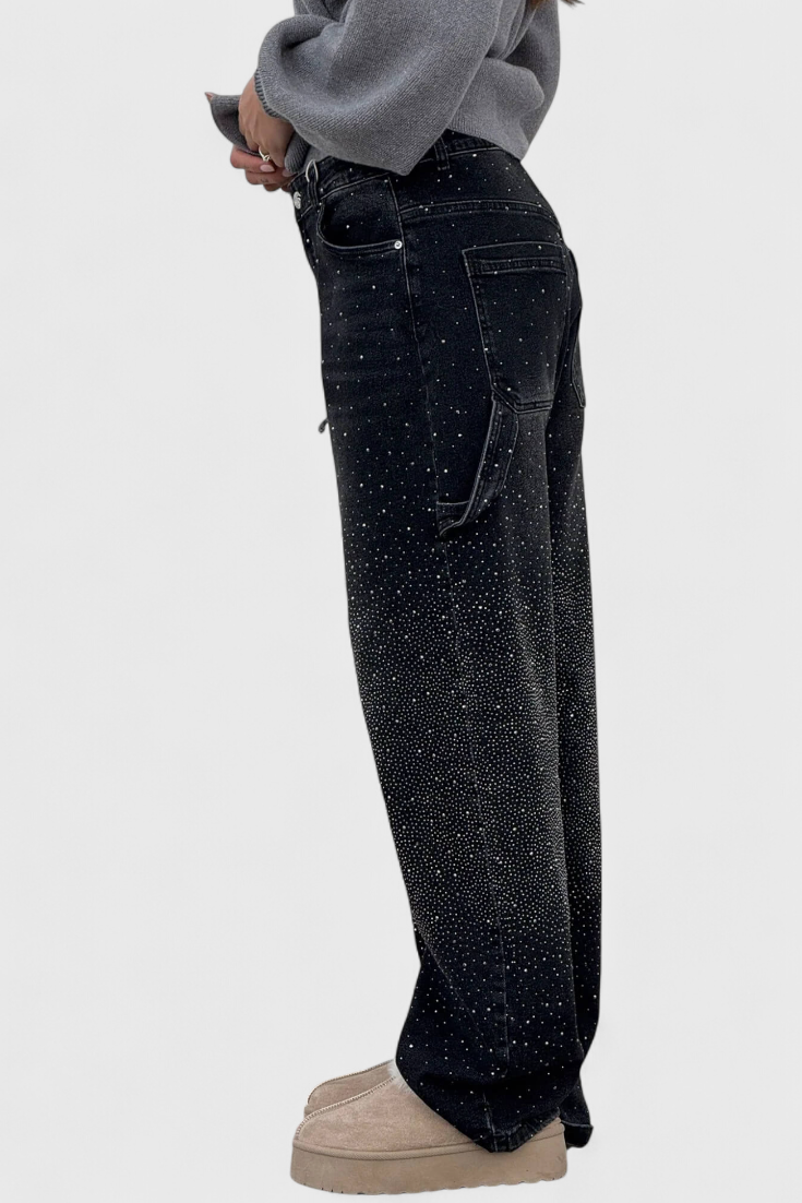 Dariya Cargo Balloon Jeans with Shine and Rhinestone Embellishments