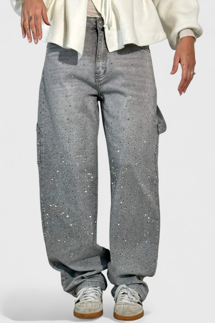 Dariya Cargo Balloon Jeans with Shine and Rhinestone Embellishments
