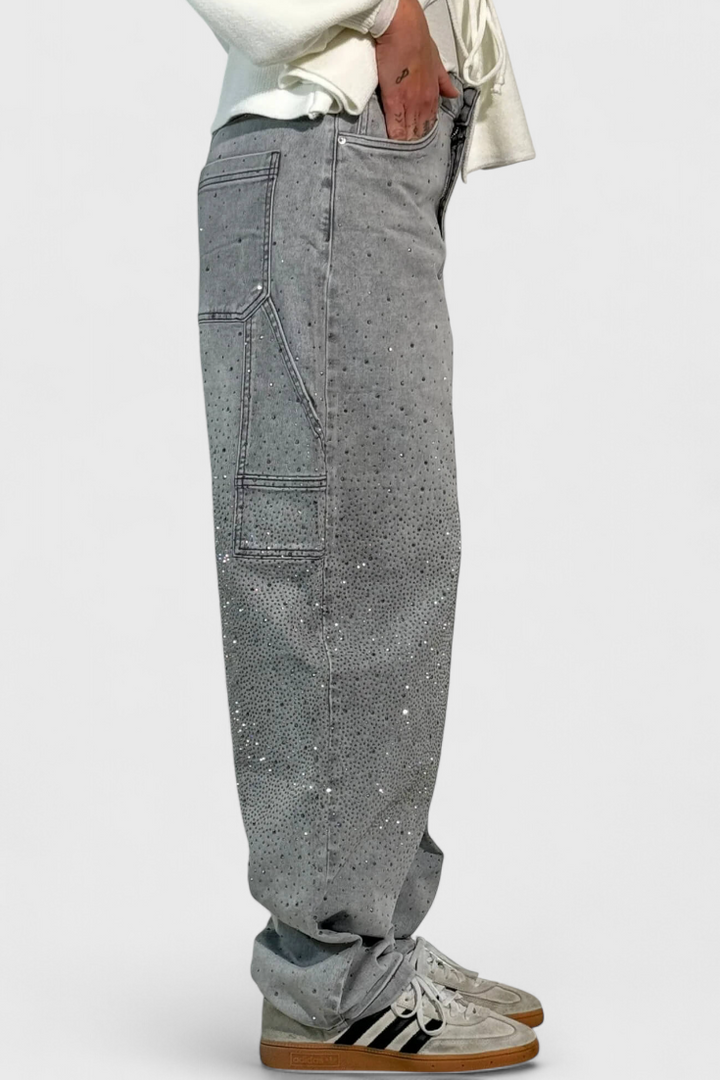 Dariya Cargo Balloon Jeans with Shine and Rhinestone Embellishments