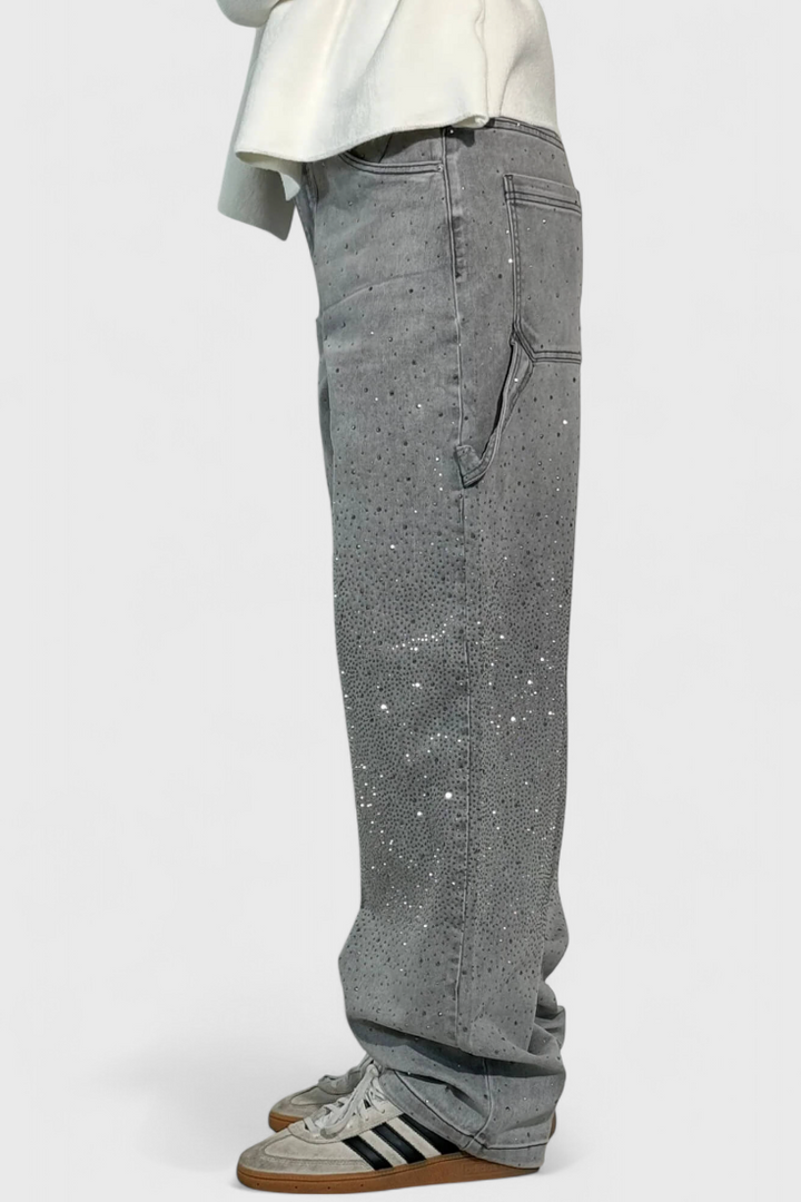 Dariya Cargo Balloon Jeans with Shine and Rhinestone Embellishments