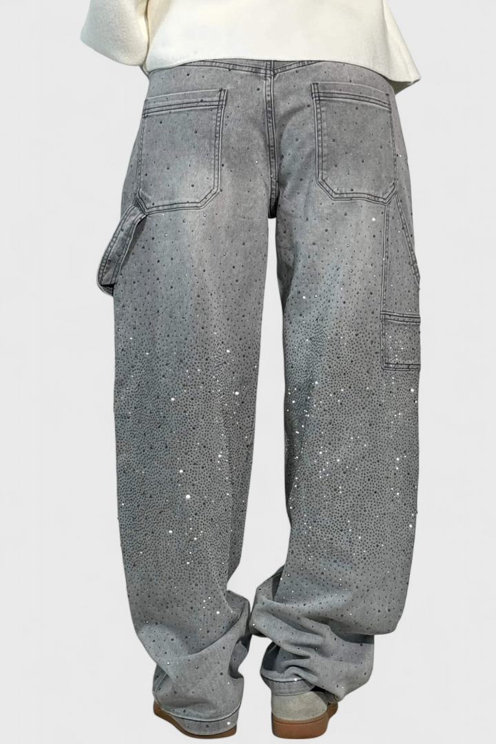 Dariya Cargo Balloon Jeans with Shine and Rhinestone Embellishments