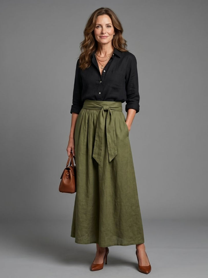 Vera™ | Conjunto de Blusa Negra y Falda Midi en Verde Oliva