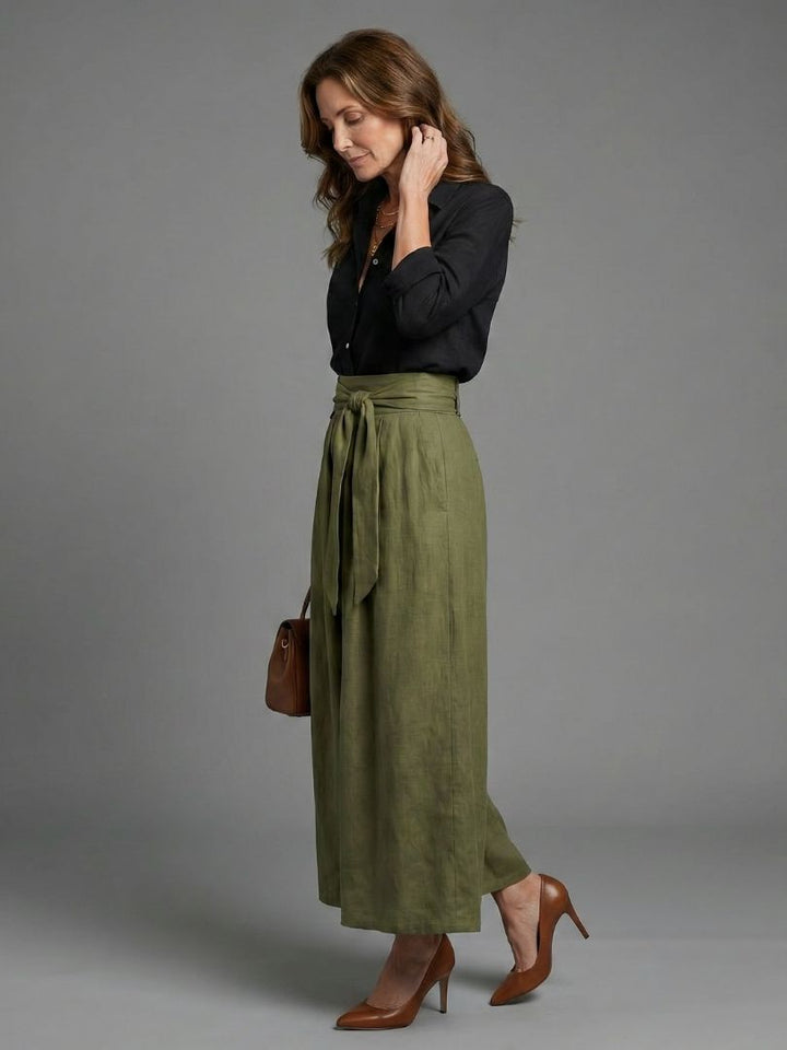Vera™ | Conjunto de Blusa Negra y Falda Midi en Verde Oliva