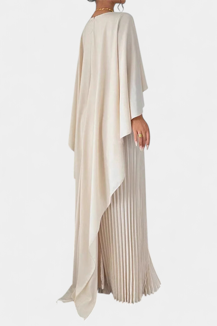 Vestido Maxi de Cuello Alto Jane con Pliegues y Mangas Volantes