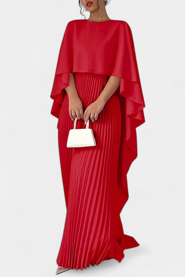 Vestido Maxi de Cuello Alto Jane con Pliegues y Mangas Volantes