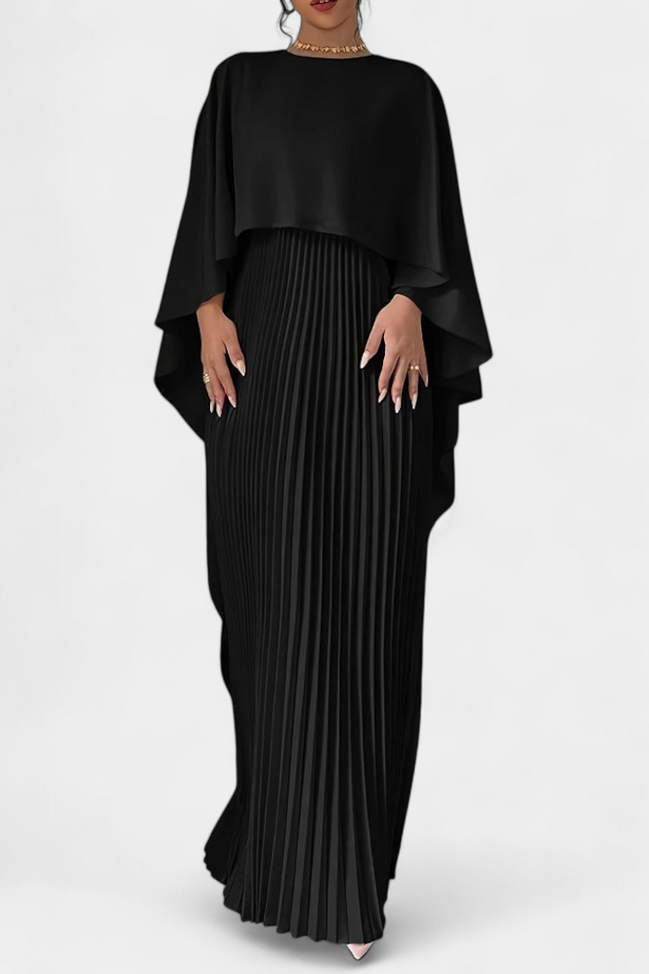 Vestido Maxi de Cuello Alto Jane con Pliegues y Mangas Volantes