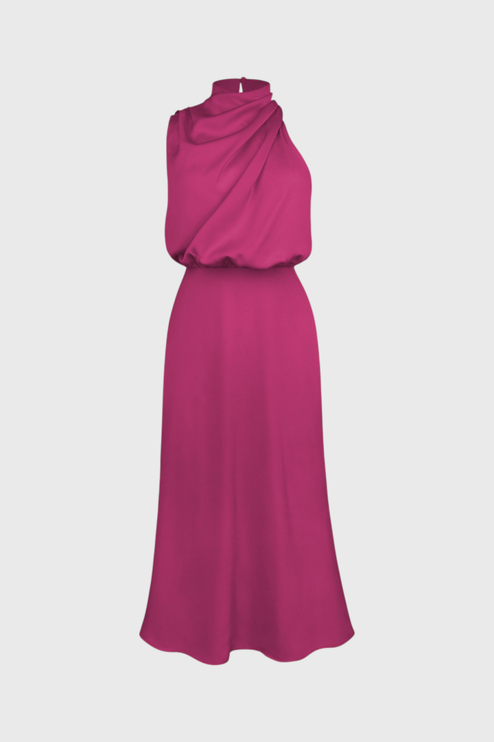 Vestido Elegante Rina con Cuello Halter y Drapeado