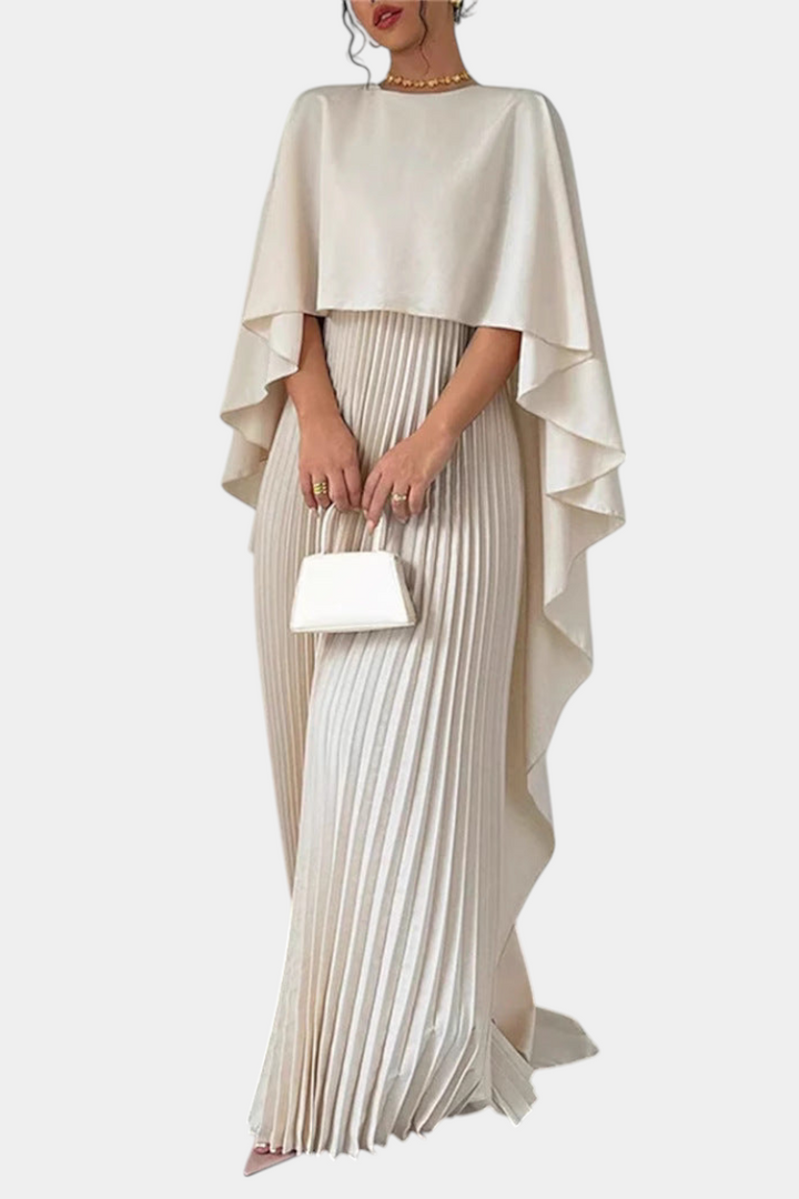 Vestido Maxi de Cuello Alto Jane con Pliegues y Mangas Volantes