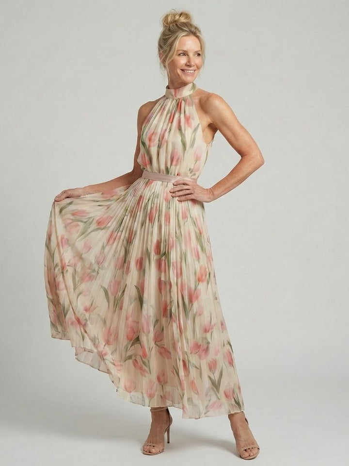 Aurelia™ | Vestido Midi Floral Halter con Cinturón