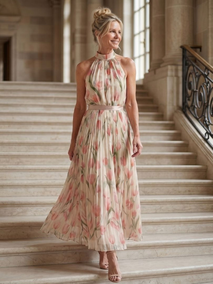 Aurelia™ | Vestido Midi Floral Halter con Cinturón