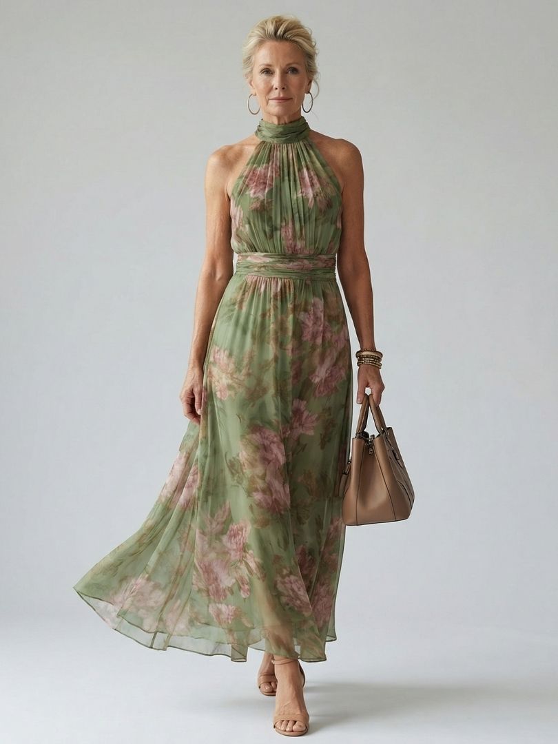 Mirella™ | Vestido Midi Floral Halter con Detalle Fruncido